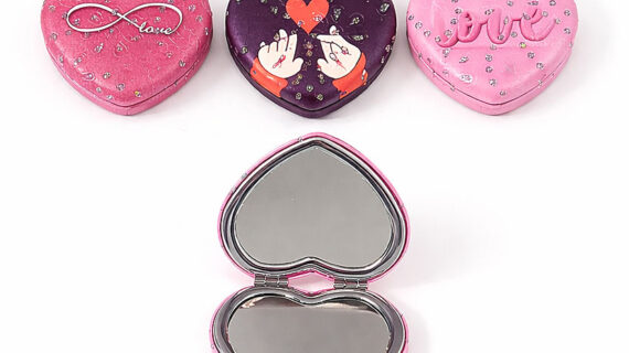 Kalpli Love Cep Aynası | Romantik Taşlı Tasarım | Taşınabilir Makyaj Aynası